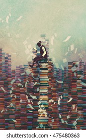 Man Reading Book While Sitting On Pile Of Books,knowledge Concept,illustration Painting