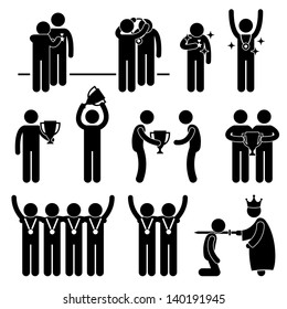 Man Receiving Award Trophy Medal Reward Prize Knighted Honour Honor Ceremony Event Stick Figure Pictogram Icon