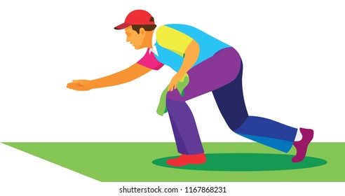 Man In Red Baseball Cap Play In Old British Game Of Bowls On A Grass Court