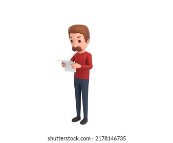 Man In Red Shirt Character Reading Paper In 3d Rendering.