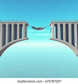 Man Relaxing In A Hammock On A Broken Bridge. This Is A 3d Render Illustration