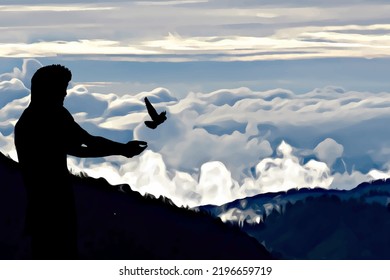 Man Releasing A Bird Illustration, Freedom Concept, Bird Set Free. Bird Released From Hands. Servitude