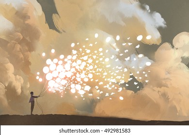 man releasing glowing balloons and butterflies flock in the sky,illustration painting