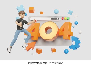 A Man Repairing A Webpage On Internet, Error Webpage, 404 Template, Browser Download Failure, Page Not Found, Server Request, Unavailable - 3D Illustration