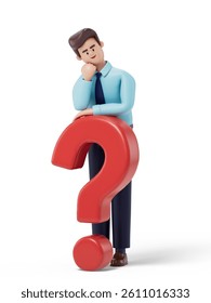 Man resting on a question mark, symbolizing contemplation or uncertainty. 3D rendering, conceptual image. Isolated on white background.