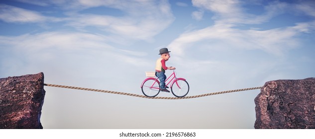 Man ride a cycle and balancing a between two mountain peaks. This is a 3d render illustration