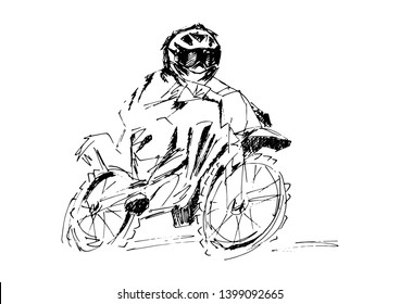 Man riding big bike sketch black and withe color illustration