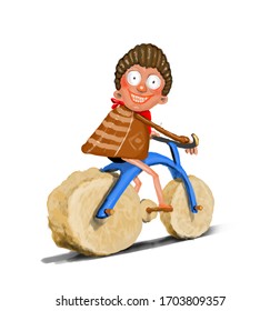 Man Riding A Bike With Stone Wheels For Greater Momentum