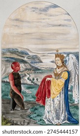 A man rises from a dark stream toward a winged woman in red, symbolizing alchemy's transformation from corruption to perfection. Watercolor by E.A. Ibbs. Vintage painting artwork and art illustration.