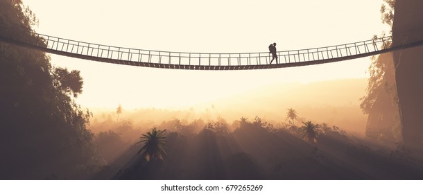 Homem corda passando por uma ponte suspensa entre montanhas. Esta é uma ilustração de renderização 3D.