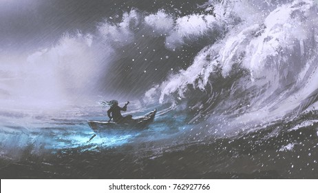 man rowing a magic boat in stormy sea with rogue waves, digital art style, illustration painting