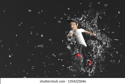 The Man Run Through Broken Mirror With 3d Rendering.