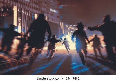 man running away from zombies in night city,illustration,digital painting