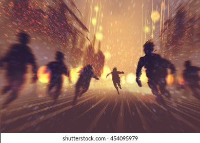 man running away from zombies,burning city in background,illustration,digital painting