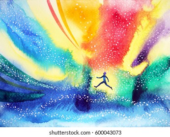 man running, flying in the colorful universe, watercolor painting hand drawn