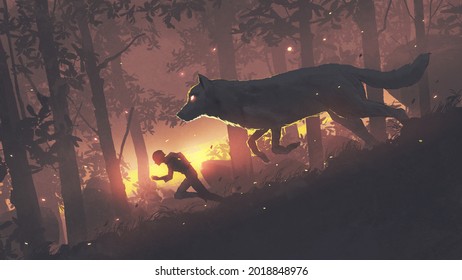 A Man Running In The Forest With His Legendary Wolf, Digital Art Style, Illustration Painting