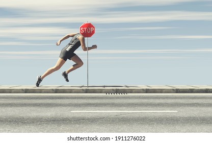 Man Running And A Stop Sign . Don't Stop Concept . Never Give Up On Dreams And Keep Forward . This Is A 3d Render Illustration . 