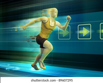 Man Running In A Virtual Reality Tunnel. Digital Illustration.