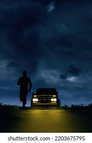 Man Runs Away From A Vintage Pickup Truck With Illuminated Headlights On A Country Road Under A Dark Sky. 3D Render.