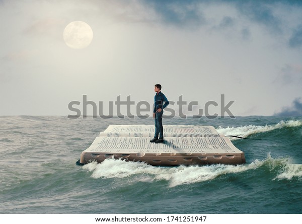 man sailing on the Holy Bible, in rough\
seas, seeking salvation by faith in Jesus Christ, Son of God.\
Biblical concept of\
Christianity