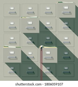 Man Searching Paperwork In A Huge Filing Cabinet, He Is Climbing On The Open Drawers Using A Ladder 3D Illustration