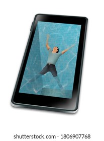 A Man Is Seen Floating On A Cell Phone Filled With Water As If It Were A Swimming Pool. It Illustrates Being Immersed In His Cell Phone.