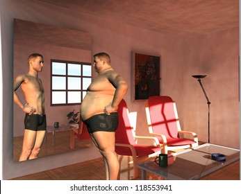 man sees very thin self in mirror