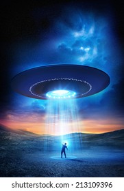 A man shields his eyes from the bright UFO above him. 