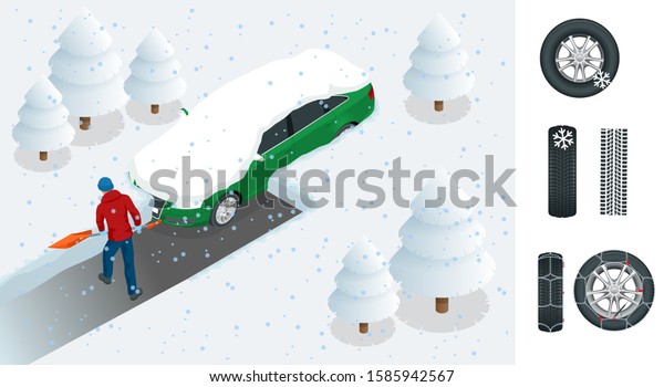 Man with shovel cleaning snow filled\
backyard outside his car. City after blizzard. Car covered with\
snow. Isometric \
illustration