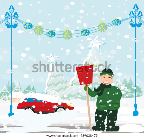 Man shoveling snow\
from street in winter\
