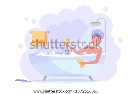 Man in shower cap taking bath with the shower. Happy funny guy in bubble bathtub, relaxing with yellow duck and washcloth. Bathtub with steam on a white background. Flat cartoon illustration