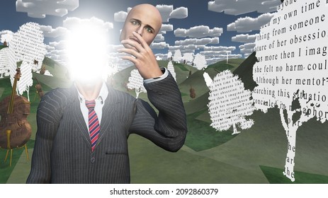 Man showing inner light in landscape with text paper trees. 3D rendering