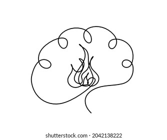 Man silhouette brain   fire as line drawing white background