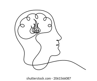 Man silhouette brain   fire as line drawing white background