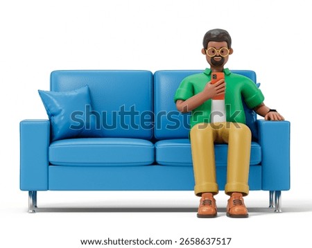 A man sits on a couch using his phone, symbolizing leisure or connectivity. 3D rendering, conceptual image. Isolated on white background.