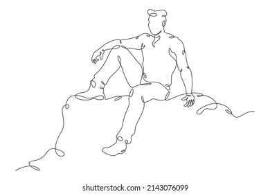 A man sits the edge cliff  A young man sits alone rock  Romantic anticipation  A teenager is sad in loneliness One continuous line drawing  Line Art isolated white background 