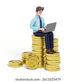 A man sits on a stack of coins while using a laptop, symbolizing wealth creation through technology or the profitability of digital work. 3D rendering, conceptual image. Isolated on white background.