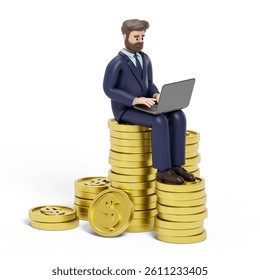 A man sits on a stack of coins while using a laptop, symbolizing wealth creation through technology or the profitability of digital work. 3D rendering, conceptual image. Isolated on white background.