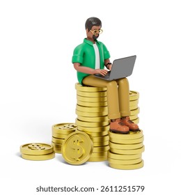 A man sits on a stack of coins while using a laptop, symbolizing wealth creation through technology or the profitability of digital work. 3D rendering, conceptual image. Isolated on white background.