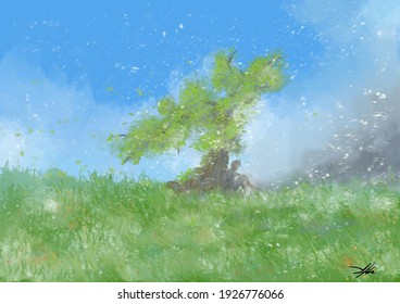 a man sits under a tree in meloncholy