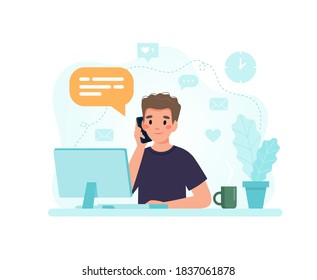 Man sitting at a desk with computer responding to a call. illustration in flat style - Powered by Shutterstock