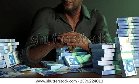 Man sitting in front of table full of stacks of Nigerian naira notes over dark background. 3d rendering