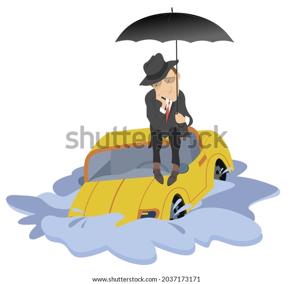 Man sitting on the car escapes from\
the flood illustration. \
Man with umbrella drifts on the sinking\
car trying to escape from the flood isolated on\
white\
