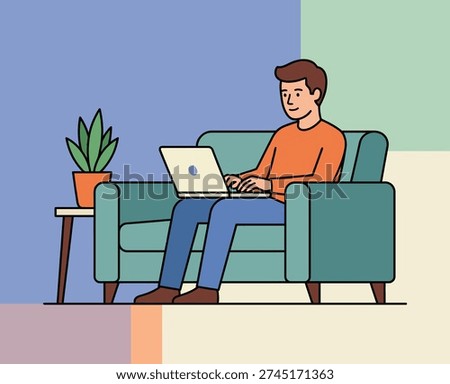 Man sitting on a couch using a laptop, with a potted plant beside him.