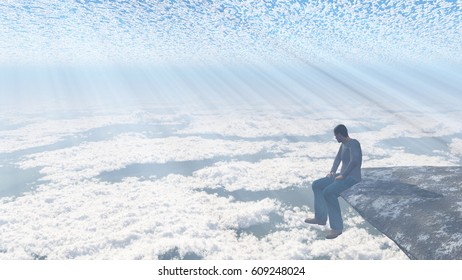 Man sitting on the edge of the cliff.   3D Rendering