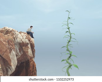 Man Sitting On A Rock And Looking Up To His Big Beanstalk Growing Up To The Sky  This Is A 3d Render Illustration