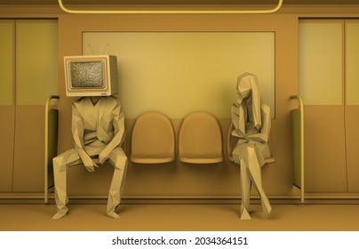 Man sitting on a train with old television instead of head and woman looking on. Passive subjects. Control and manipulation of mass media. Television audience. 3D illustration. Copy space.