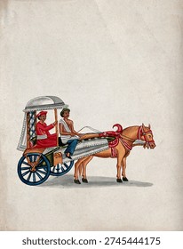A man sitting in a small carriage pulled by a horse Watercolour by an Indian artist. Vintage animal illustration, art drawing.