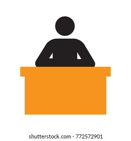 Man Sitting At Table Silhouette Icon. Student, Manager, Businessman, Admin. Office Worker. Isolated Raster Illustration