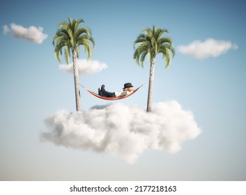 Man sleeping on hammock between two palm trees  in the clouds. Travel agency and vacation concept. This is a 3d render illustration